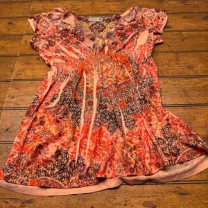 Unity World Wear Womens Small Orange Paisley Boho Embellished Tunic Top Cap